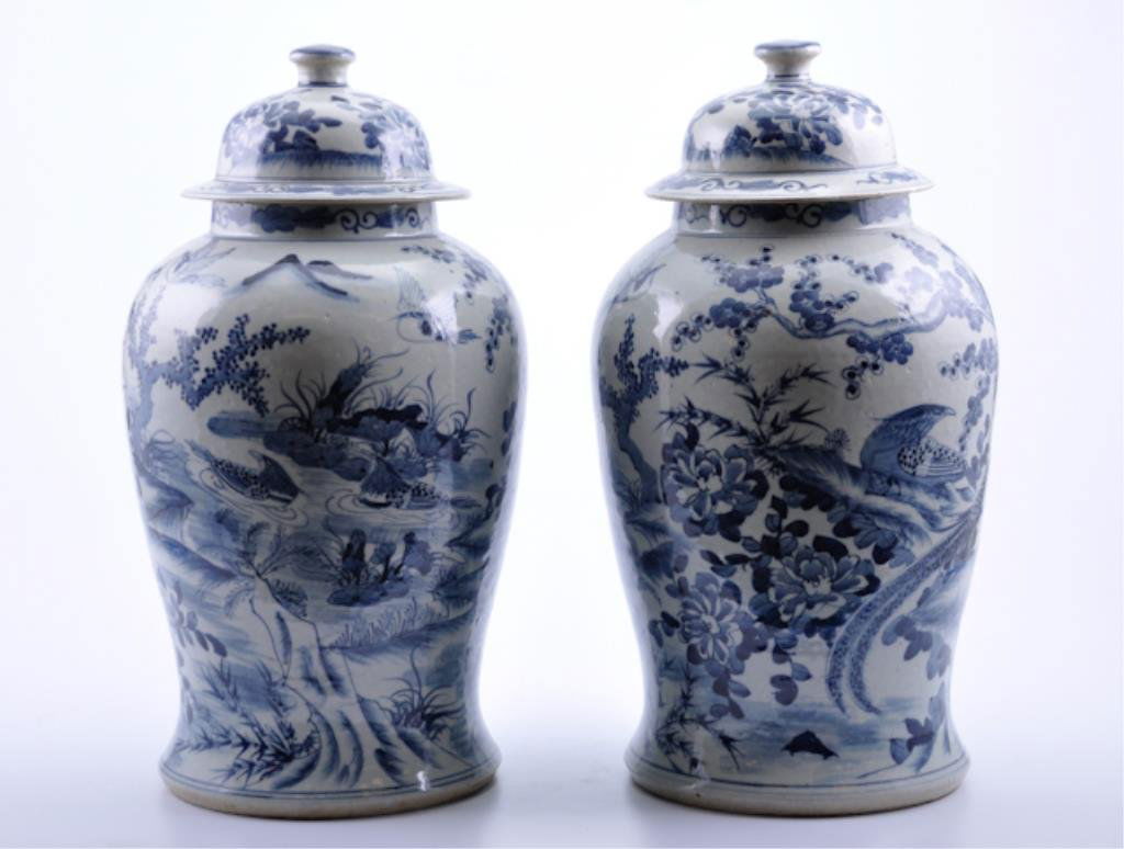 Pair of Blue and White Large Jars: early 20th C with birds, flowers and trees. 19"h. Condition: good