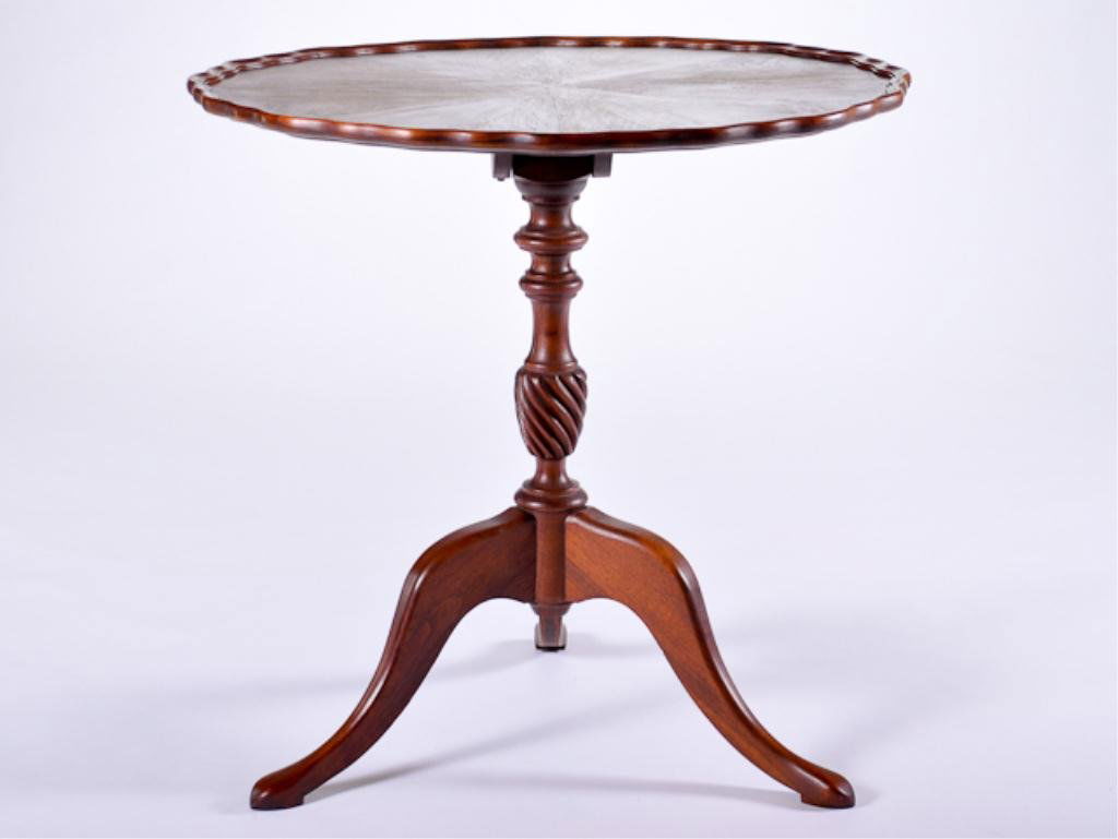 Custom Mahogany Tilt Top Pie Crust Table.: With a turned pedestal on Cabriole legs. 29"high. Top is 29".