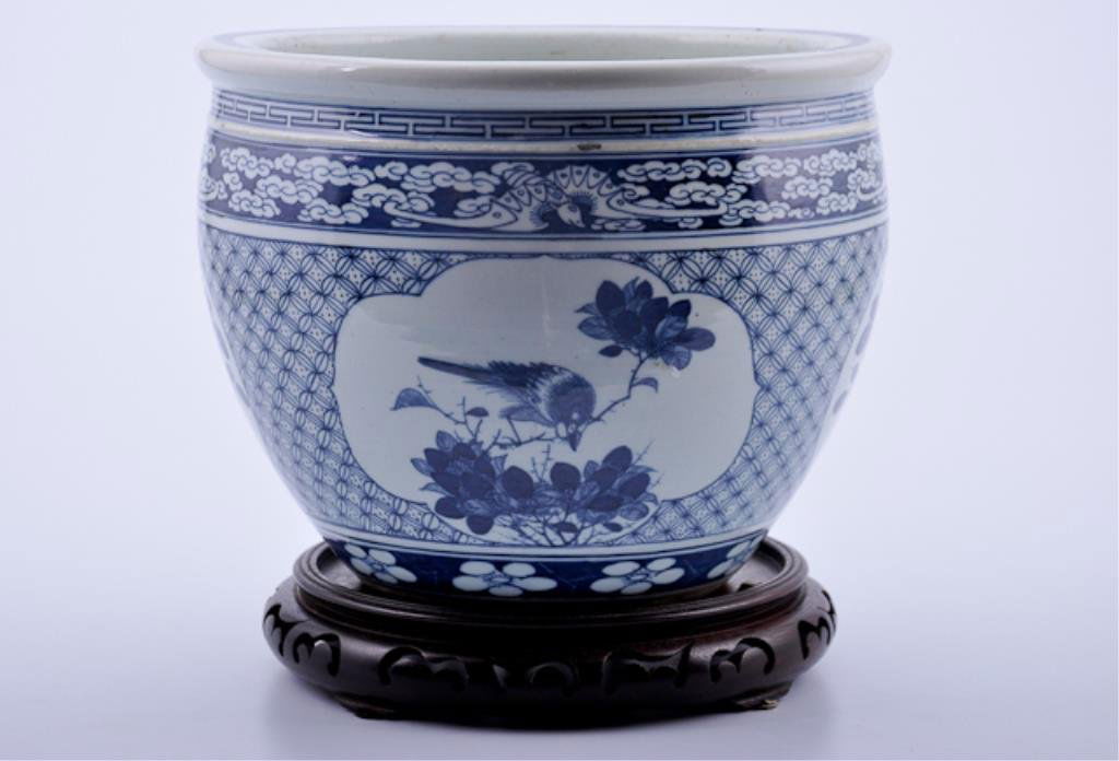 20th century blue and white porcelain Asian fish: bowl Decorated with bats, birds, flowers, etc. Rough glaze and wear inside. Attention *** Wooden base in photo is not included! 13" diameter 10" high.
