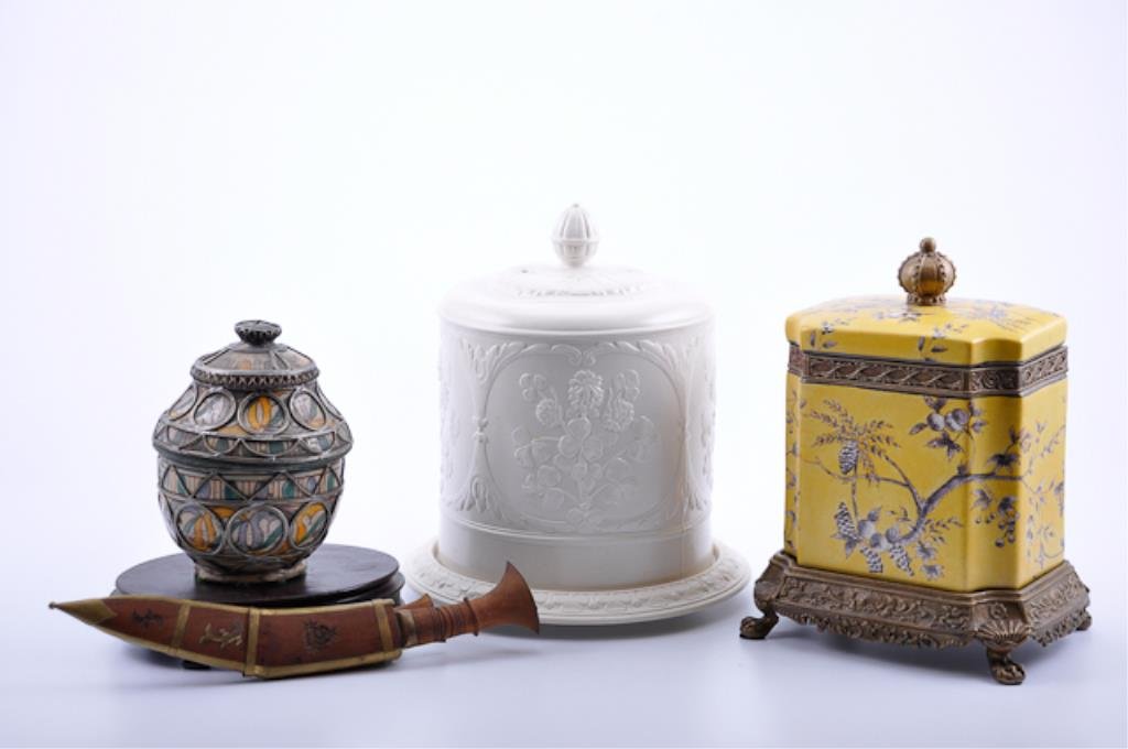 Lot of 4 Items: consisting of reproduction table wares and decoratives and a foreign dagger. Excellent Salt Glaze. Tallest 12". Condition: losses to sheath of dagger
