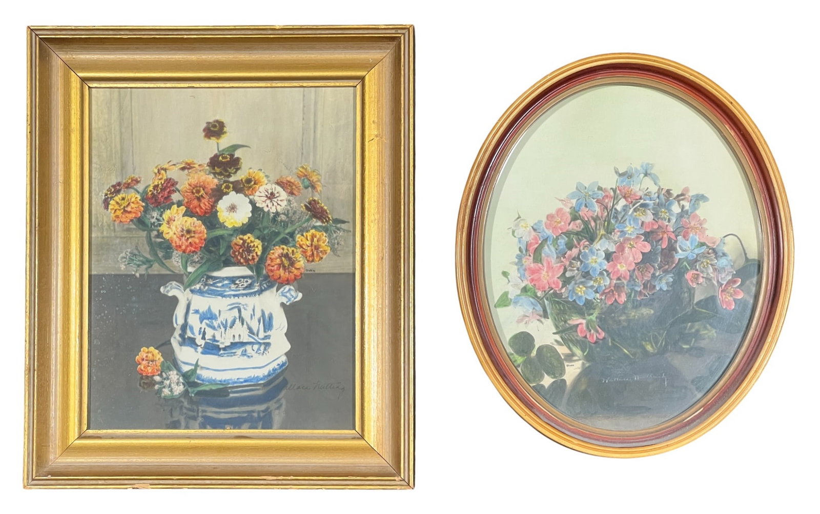 WALLACE NUTTING (1861-1941) Two Works: "Hepatica" and "Mexican Zinnias", hand colored photographs, pencil signed & titled, (1) with paper label verso. 12 1/4 x 10 1/4 inches overall.
