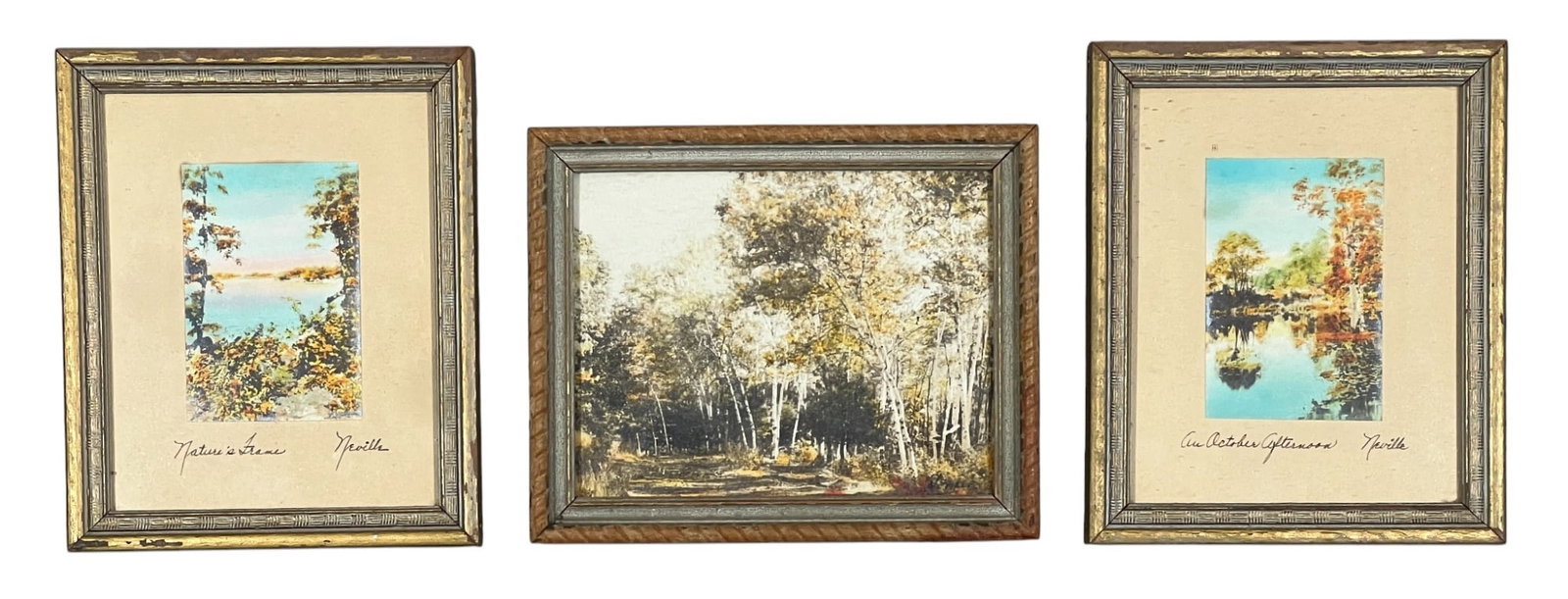 J. ROBINSON NEVILLE (19th/20th c) Two Works: "Nature's Frame", "An October Afternoon" and untitled, hand colored photographs, hand signed and titled. 5 3/4 x 4 3/4 inches overall.