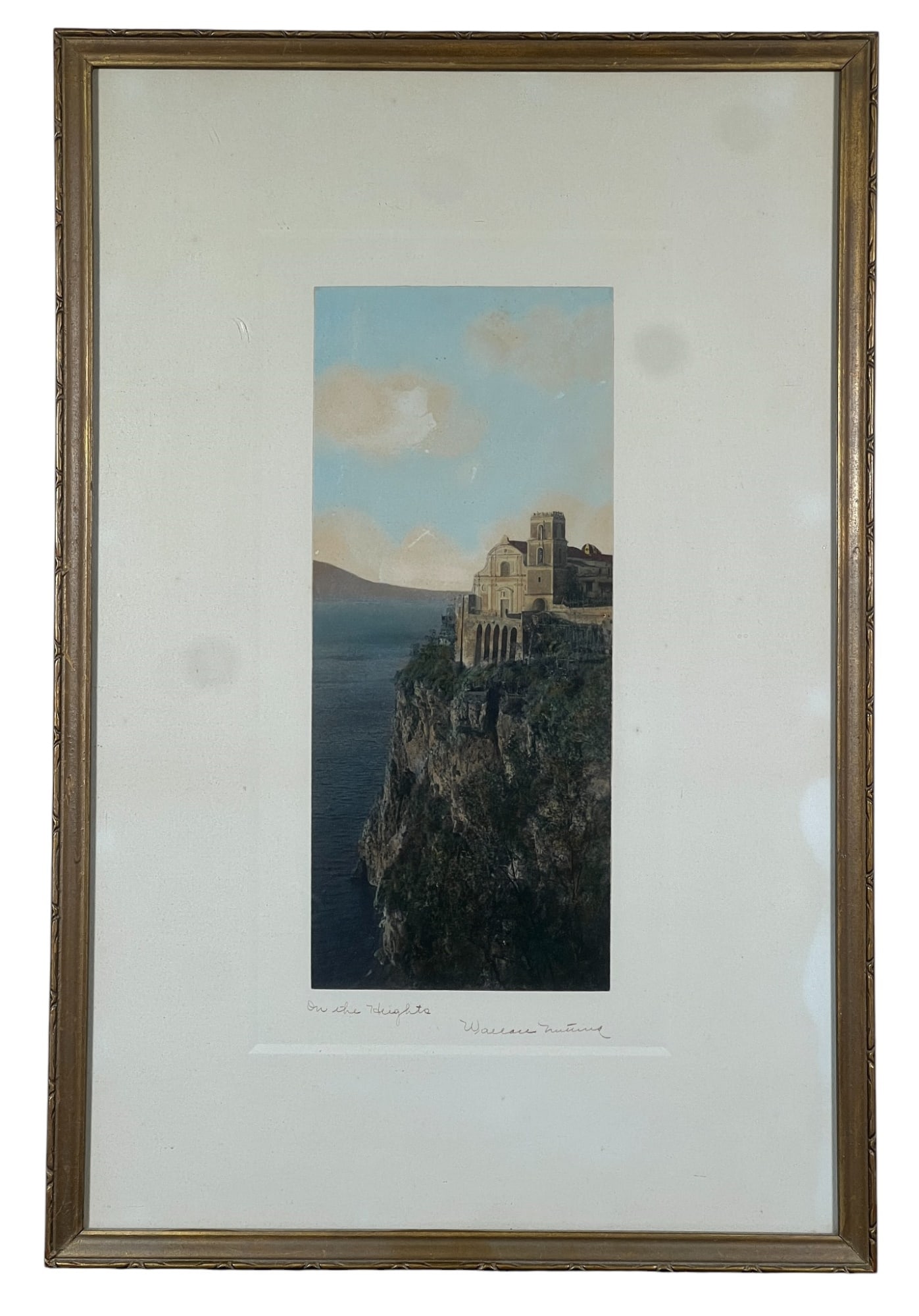 WALLACE NUTTING (1861-1941) Italian Scene: "On the Heights", hand colored photograph, hand signed & titled. 16 3/4 x 11 1/4 inches overall.