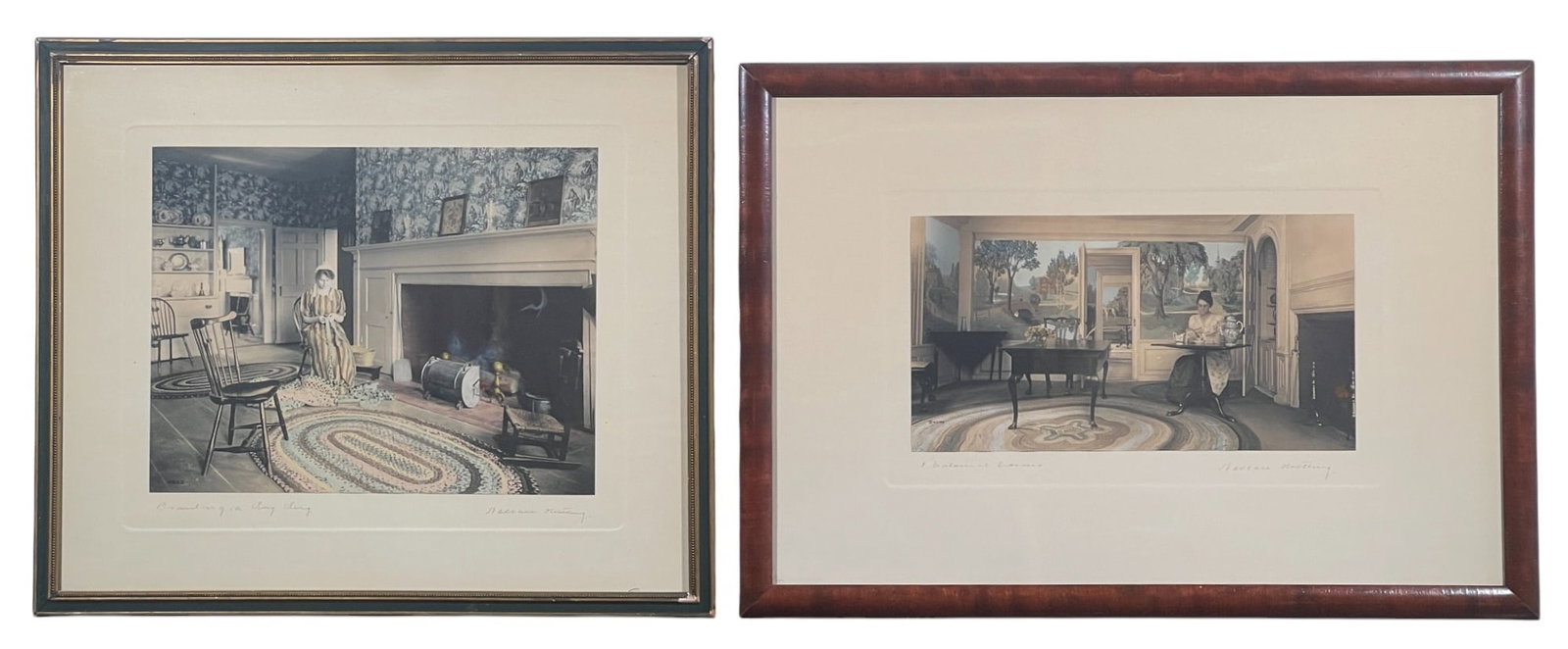 WALLACE NUTTING (1861-1941) Two Works: "A Colonial Corner" and "Braiding a Rag Rug", hand colored photographs, hand signed & titled. 16 1/2 x 23 1/2 inches overall. Locations: "A Colonial Corner" (Wickersfield, CT) "Braiding a Rag Rug" (Da
