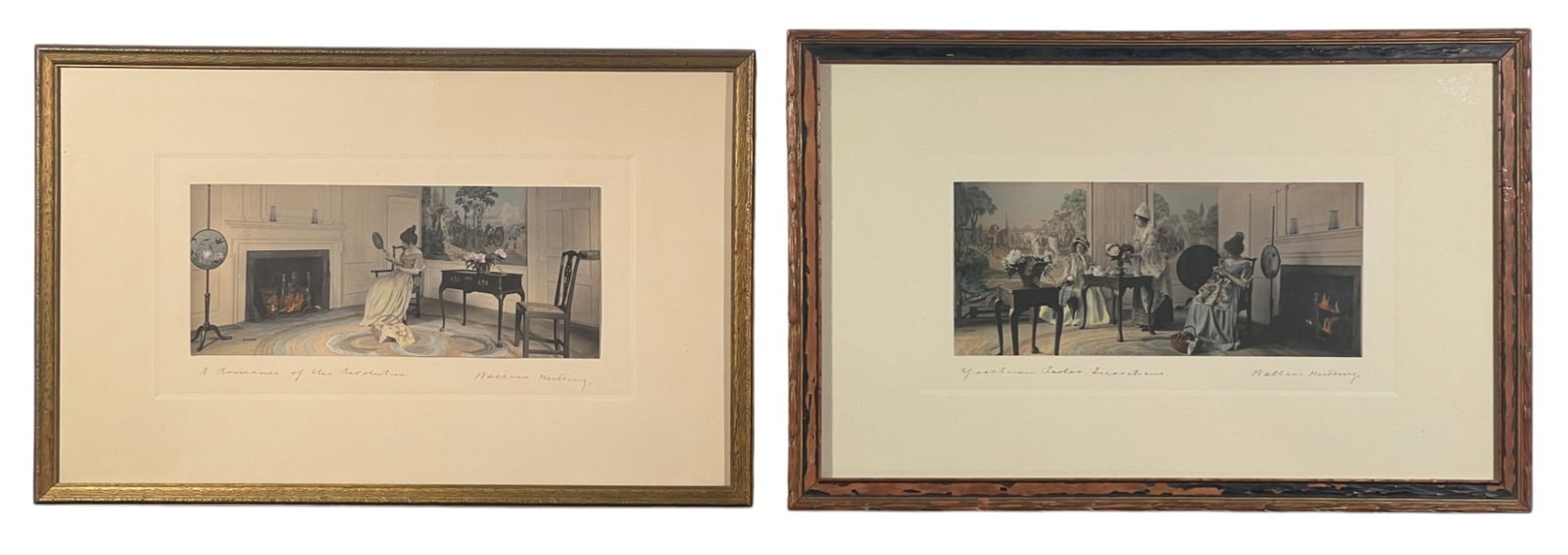 WALLACE NUTTING (1861-1941) Two Works: "A Romance of the Revolution", and "Yorktown Parlor Decoration", hand colored photographs, hand signed & titled, Wallace Nutting Chain of Colonial Homes label verso. 13 1/2 x 16 1/2 inches overall. Lo