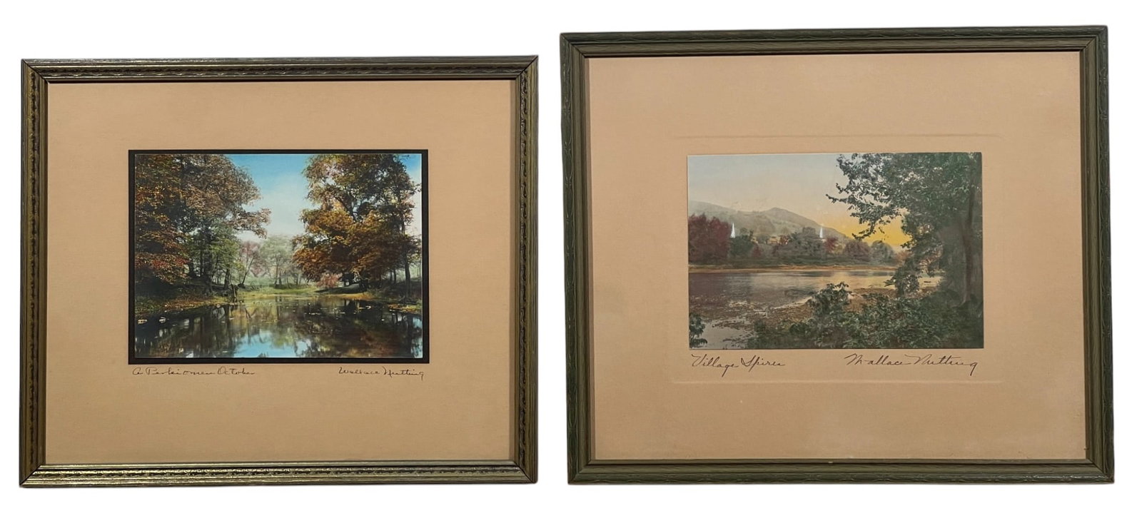 WALLACE NUTTING (1861-1941) Two Works: "A Perkiomen October" and "Village Spires", hand colored photographs, hand signed & titled, (1) with Wallace Nutting label verso. 10 1/4 x 12 1/4 inches overall. Locations: "A Perkiomen October" - (PA
