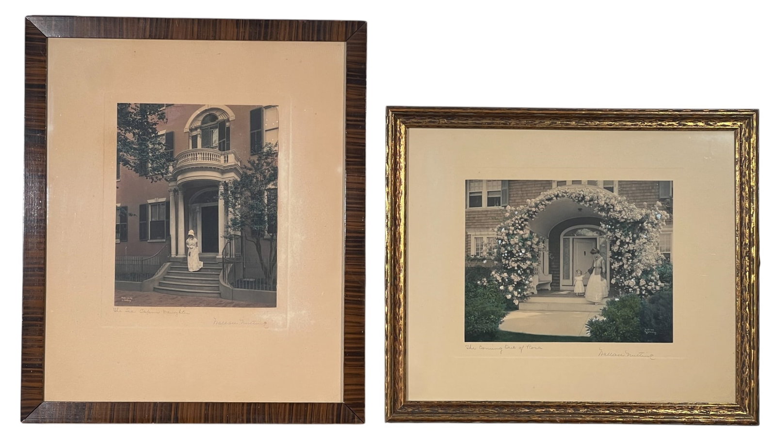 WALLACE NUTTING (1861-1941) Two Works incl. Salem: "The Coming out of Rosa" and "The Sea Captain's Daughter", hand colored photographs, hand signed & titled. 18 1/2 x 15 1/2 inches overall. Locations: "The Coming out of Rosa" - (MA) "The Sea Captain's