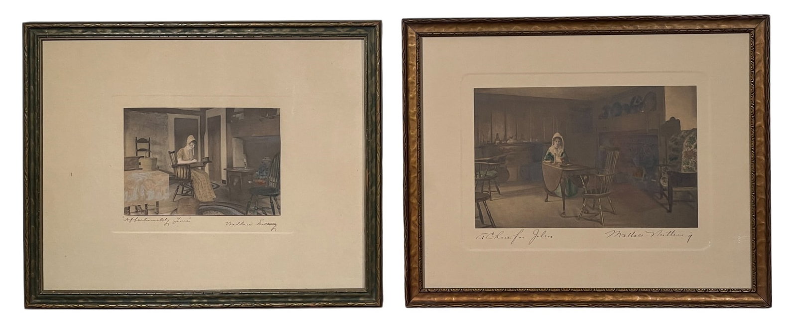 WALLACE NUTTING (1861-1941) Two Works: "A Chair for John" and "Affectionately Yours", hand colored photographs, hand signed & titled. 12 1/4 x 15 1/4 inches. Locations: "A Chair for John" - (Concord, MA) Affectionately Yours" - Saugus Iron