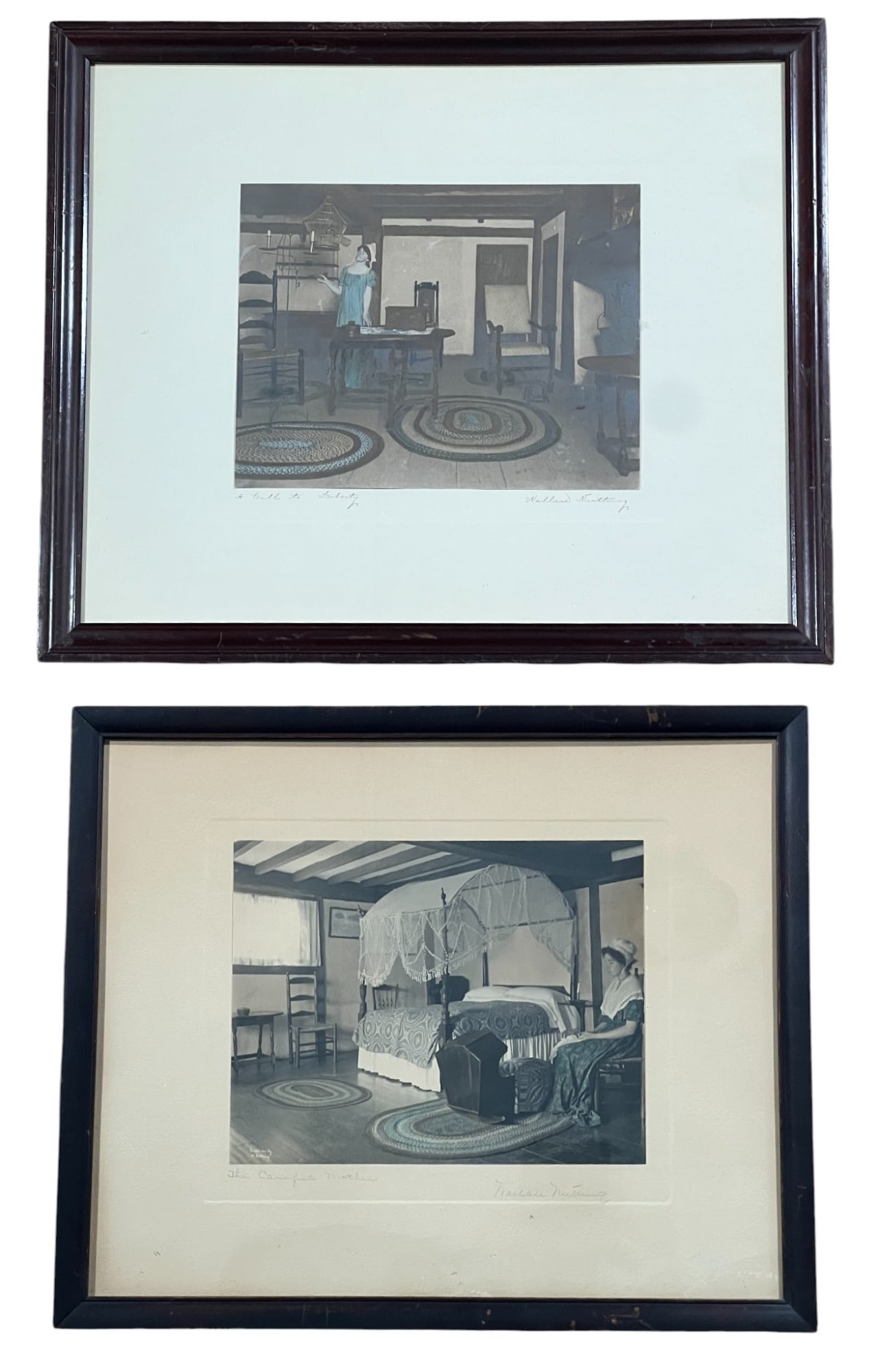 WALLACE NUTTING (1861-1941) Two Works: "A Call to Liberty" and "The Careful Mother", hand colored photographs, hand signed & titled. 15 1/2 x 18 1/2 inches overall. Location: "The Careful Mother" - (Ipswich, MA)
