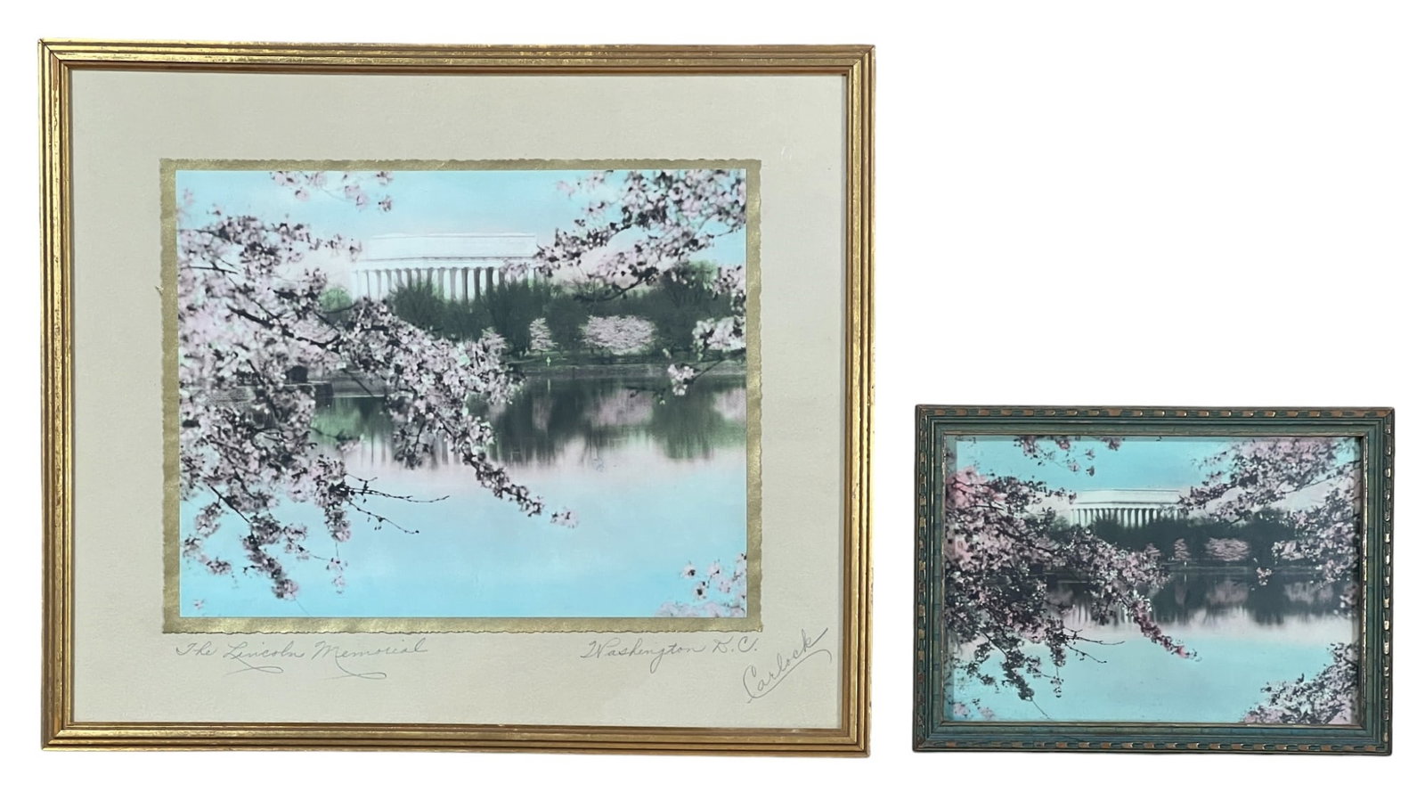 ROYAL H. CARLOCK (19th/20th c) Two Works: "The Lincoln Memorial, Washington, D.C.", hand colored photographs, (1) hand signed & titled, Royal Carlock labels verso. 11 3/4 x 13 3/4 inches overall.