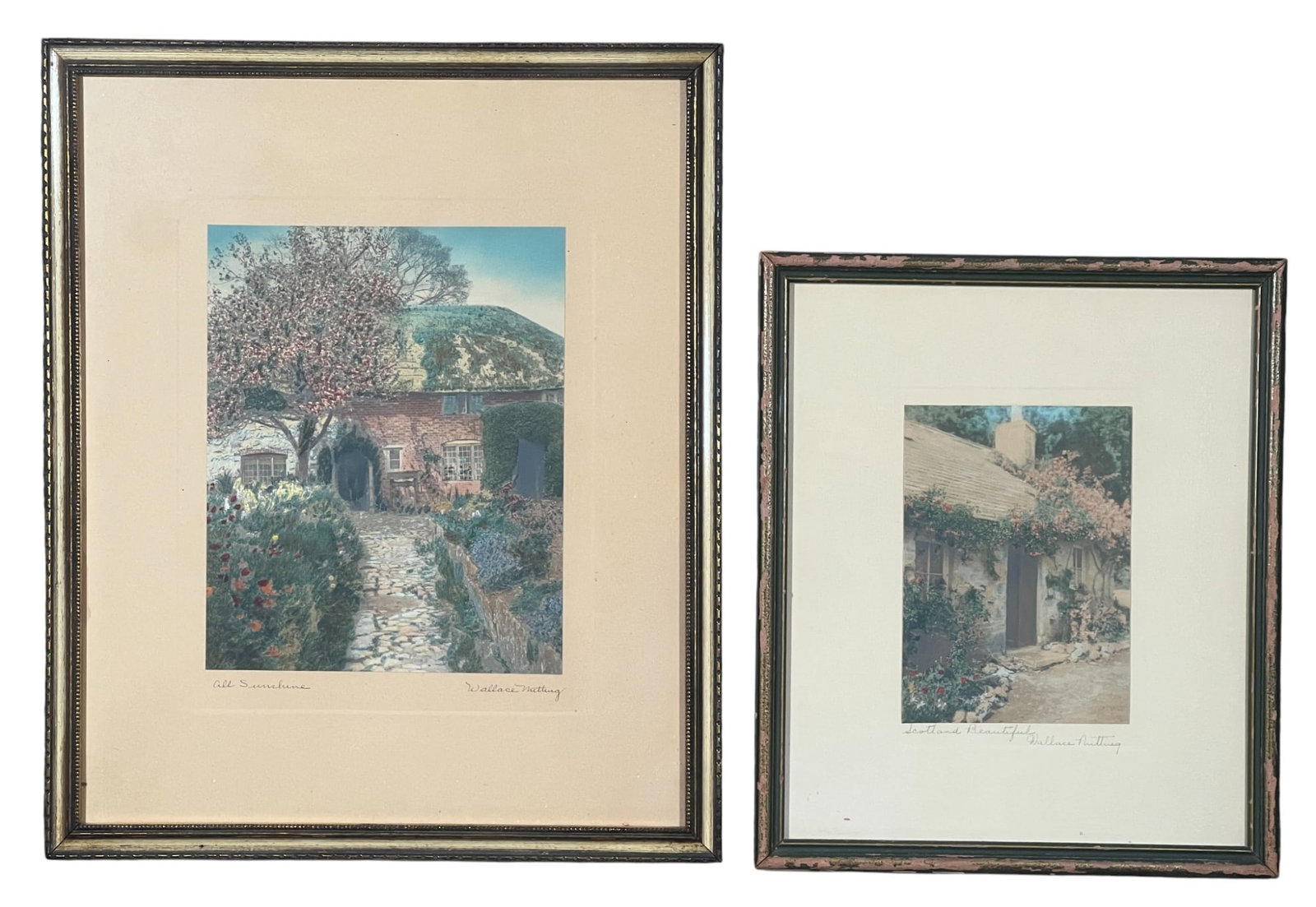 WALLACE NUTTING (1861-1941) Two Works: "Scotland Beautiful" and "All Sunshine", hand colored photographs, hand signed & titled. 17 x 14 1/4 inches overall. Location: "All Sunshine" - (Avebury, England)