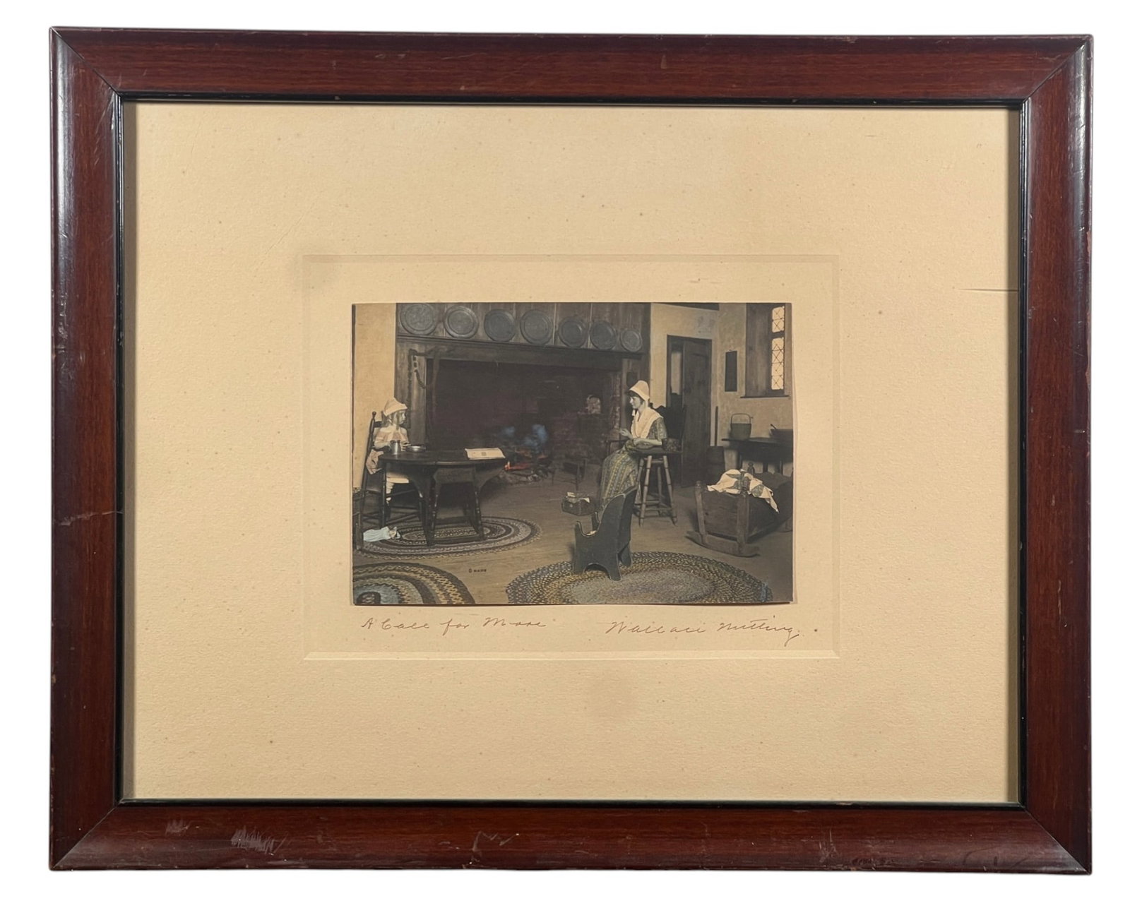 WALLACE NUTTING (1861-1941) Scene with Child: "A Call for More", hand colored photograph, hand signed & titled. 12 3/4 x 15 3/4 inches overall.