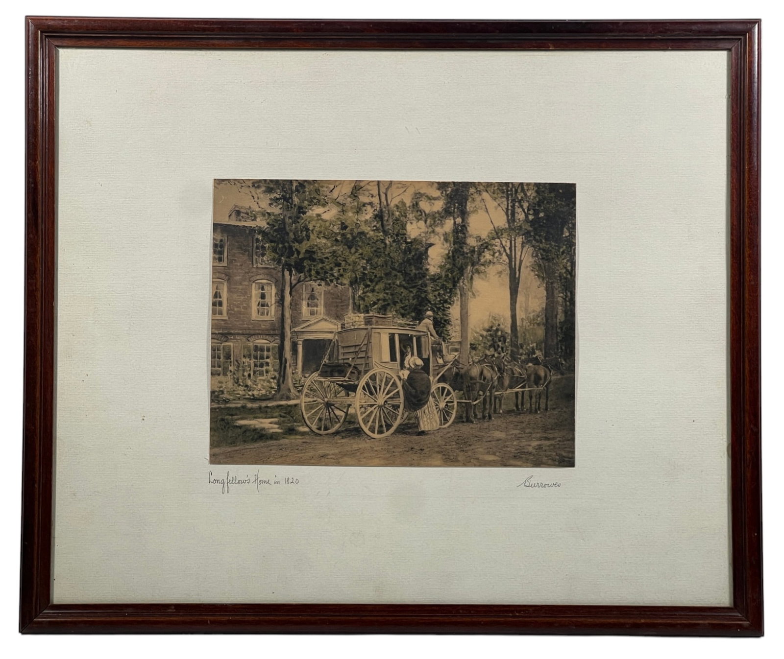 HAROLD JOHN BURROWES (1880-1926): "Longfellow's Home in 1820", hand colored photograph, hand signed & titled. 15 x 18 1/4 inches overall.