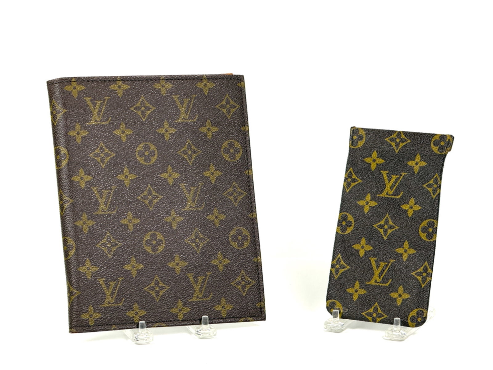 LOUIS VUITTON AGENDA COVER & SUNGLASSES CASE: Both monogrammed with leather. Agenda cover measures 8 3/4 x 7 inches.