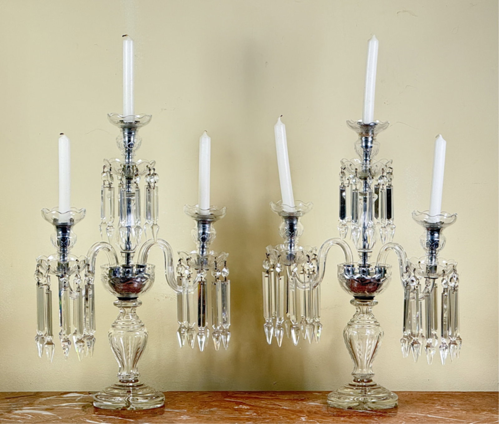 PAIR (3) LIGHT CUT CRYSTAL CANDELABRA: With prisms. 19 1/4 inches.
