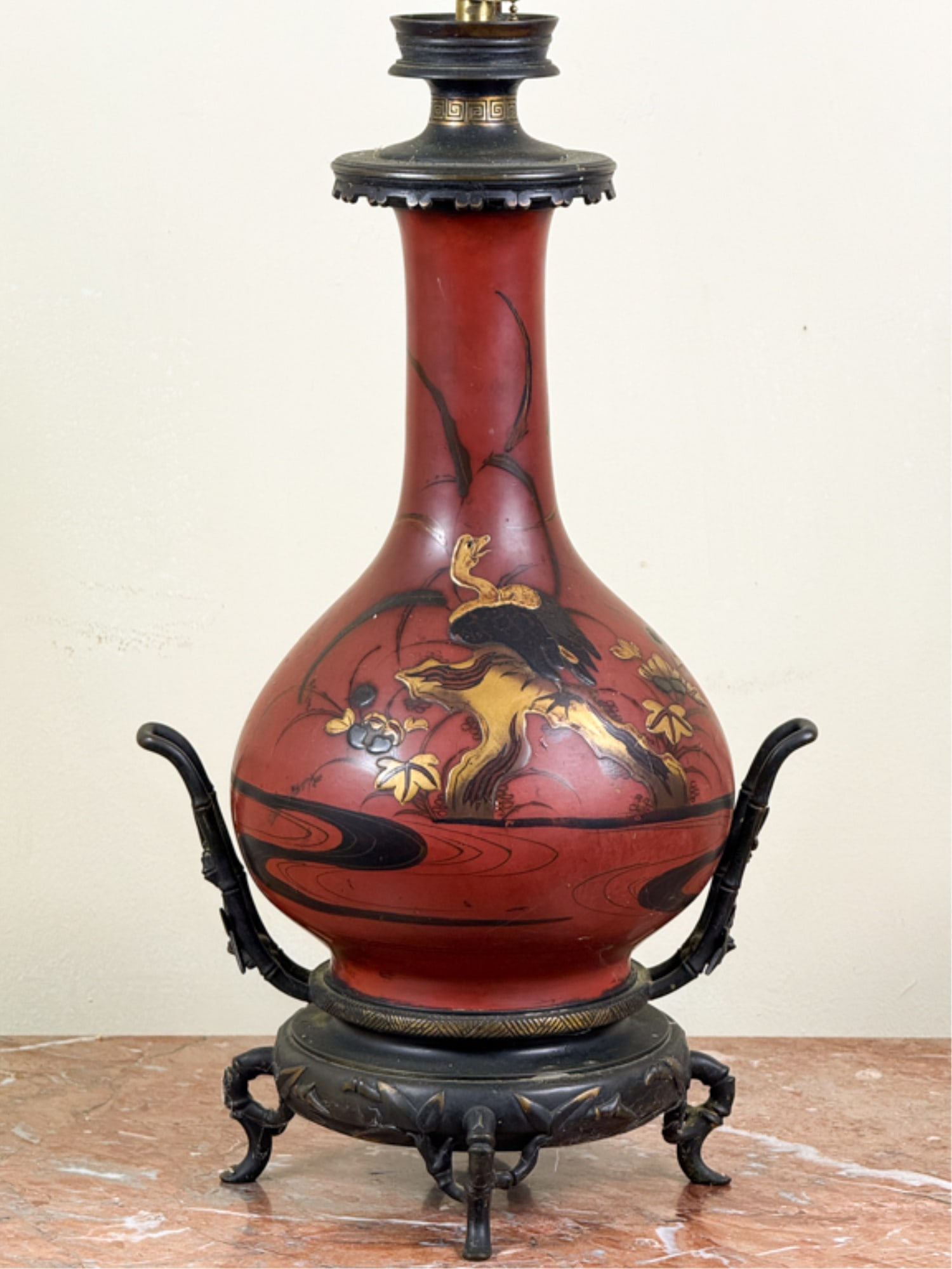 MIXED METAL JAPANNED TABLE LAMP w BRONZE MOUNTS: Bamboo form base with fowl and floral scenes. 29 1/2 inches.