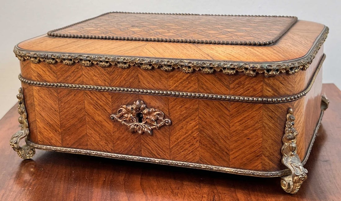 (19th c) FRENCH INLAID JEWELRY BOX w/ BRASS MOUNTS: Inlaid marquetry box with lined interior. 5" x 11 1/2" x 8"