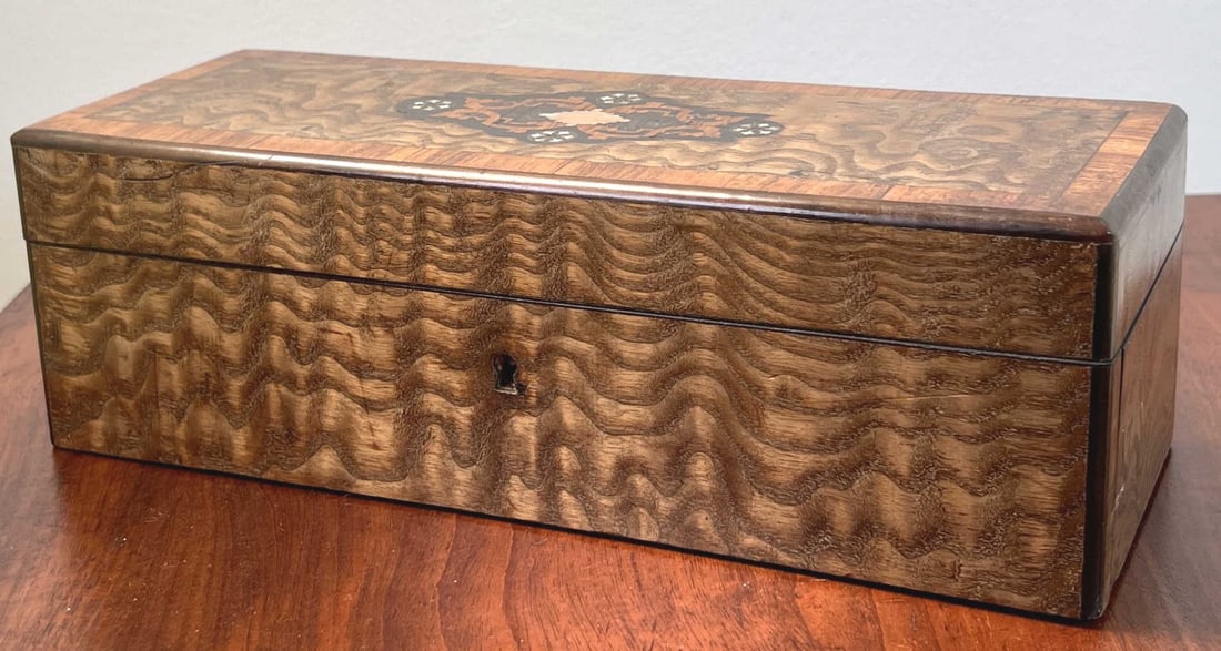 (19th c) INLAID MOHOGANY GLOVE BOX (1 of 13)