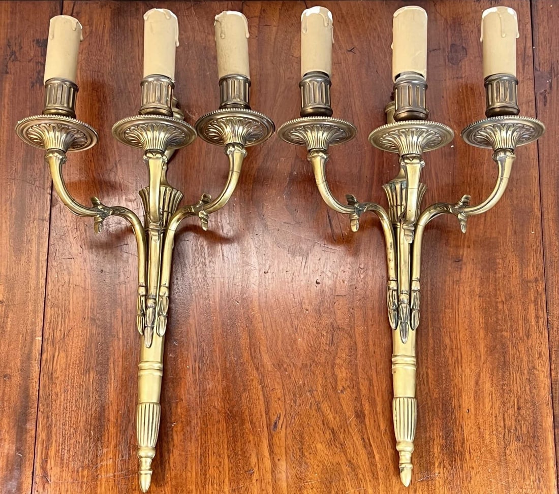 PAIR OF (19th c) GILT BRONZE WALL SCONCES: Electrified. 15" tall