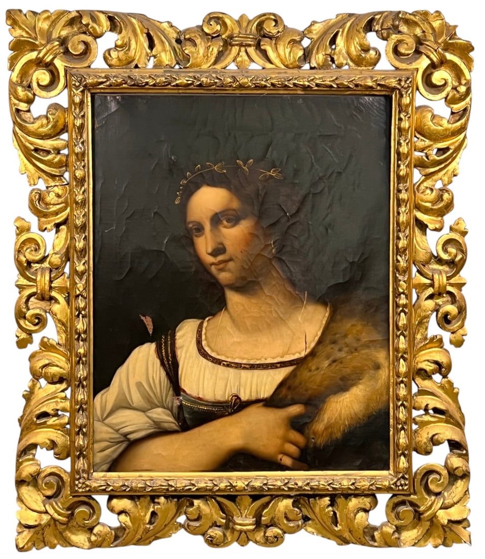 AFTER SEBASTIANO DEL PIOMBO "PORTRAIT OF A WOMAN": (19th c) copy of the Renaissance period work. Oil on canvas housed in a carved gilt frame. Unsigned. 37" x 32" framed