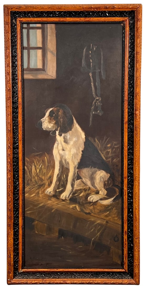 (19th c) M. BRIGGS "BARN DOG" OIL ON CANVAS: Signed and dated 1899 lower left. Housed in a gilt frame with later repaint. 40 1/2" x 19 5/8" framed