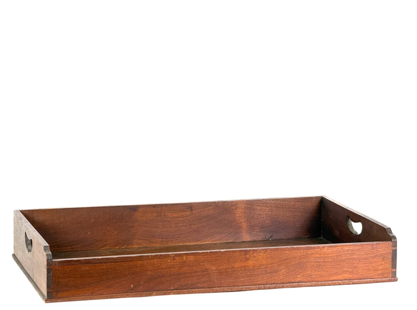 EARLY (19thc) MAHOGANY BUTLERS TRAY: With dovetailed handles and pierced heart shaped handles. 4 1/2 x 30 x 18 inches.