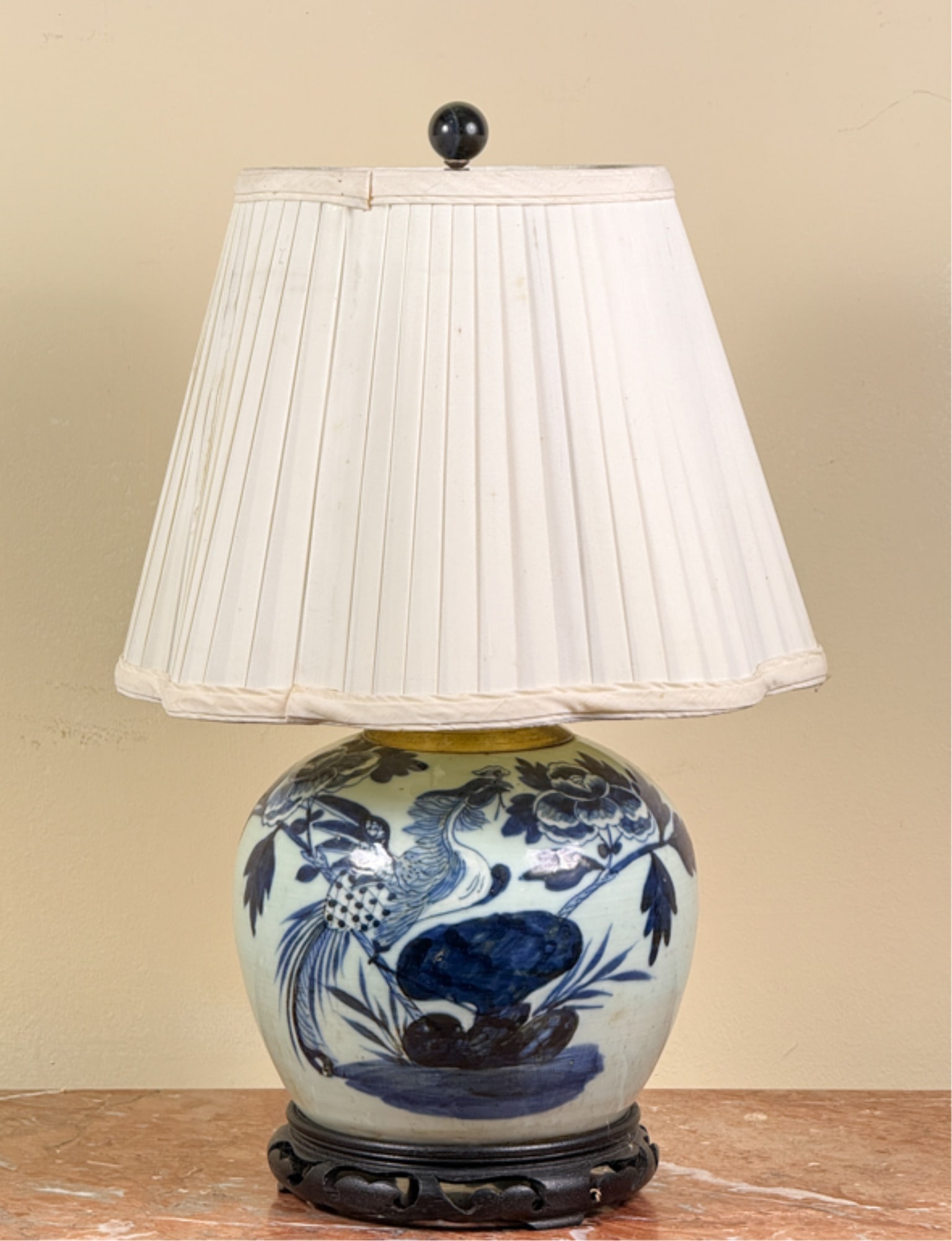 (19thc) CHINESE EXPORT GINGER JAR TABLE LAMP: Affixed to pierced stand with floral decoration. 18 1/2 inches.