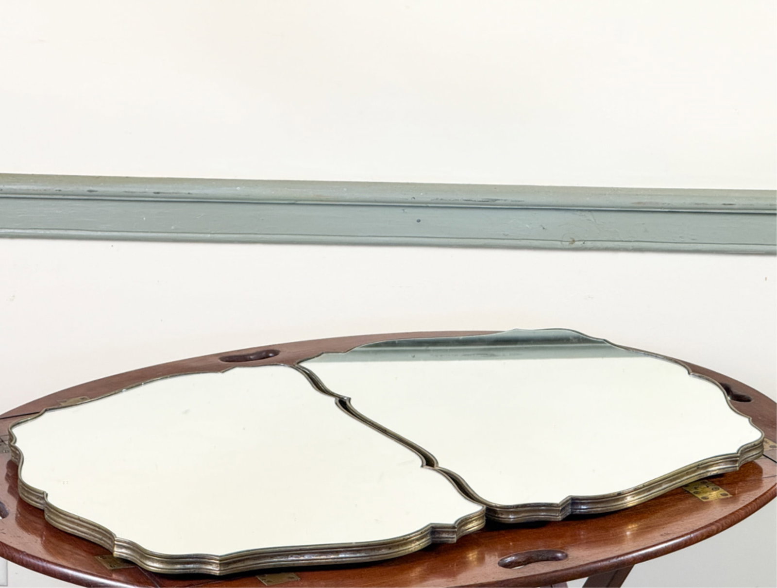 ELEGANT NAPOLEON III MIRRORED TABLE PLATEAUX: Circa 1870 (2) piece Plateaux with molded Chippendale silver plated borders fitted with inset mirrors. 31 1/4 x 21 1/4 inches.