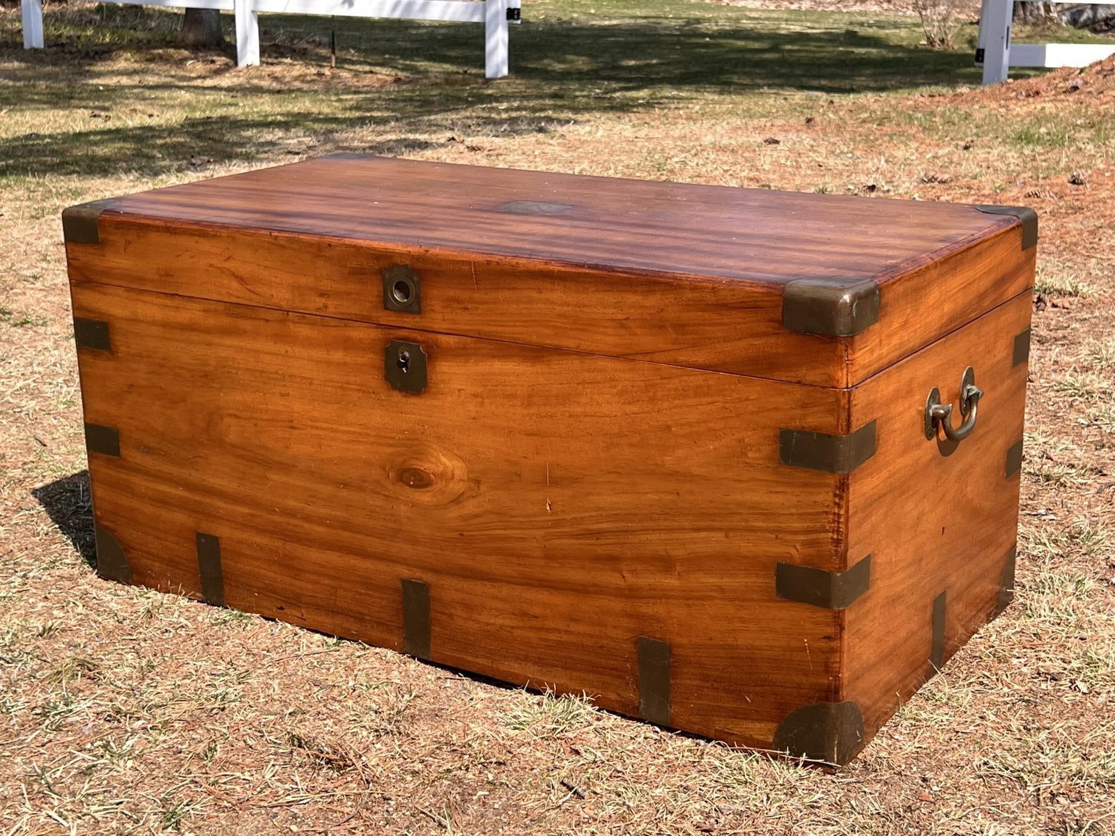 (19th c) BRASS BOUND CAMPHOR WOOD CHEST: 19 1/2" x 41" x 21 1/2"