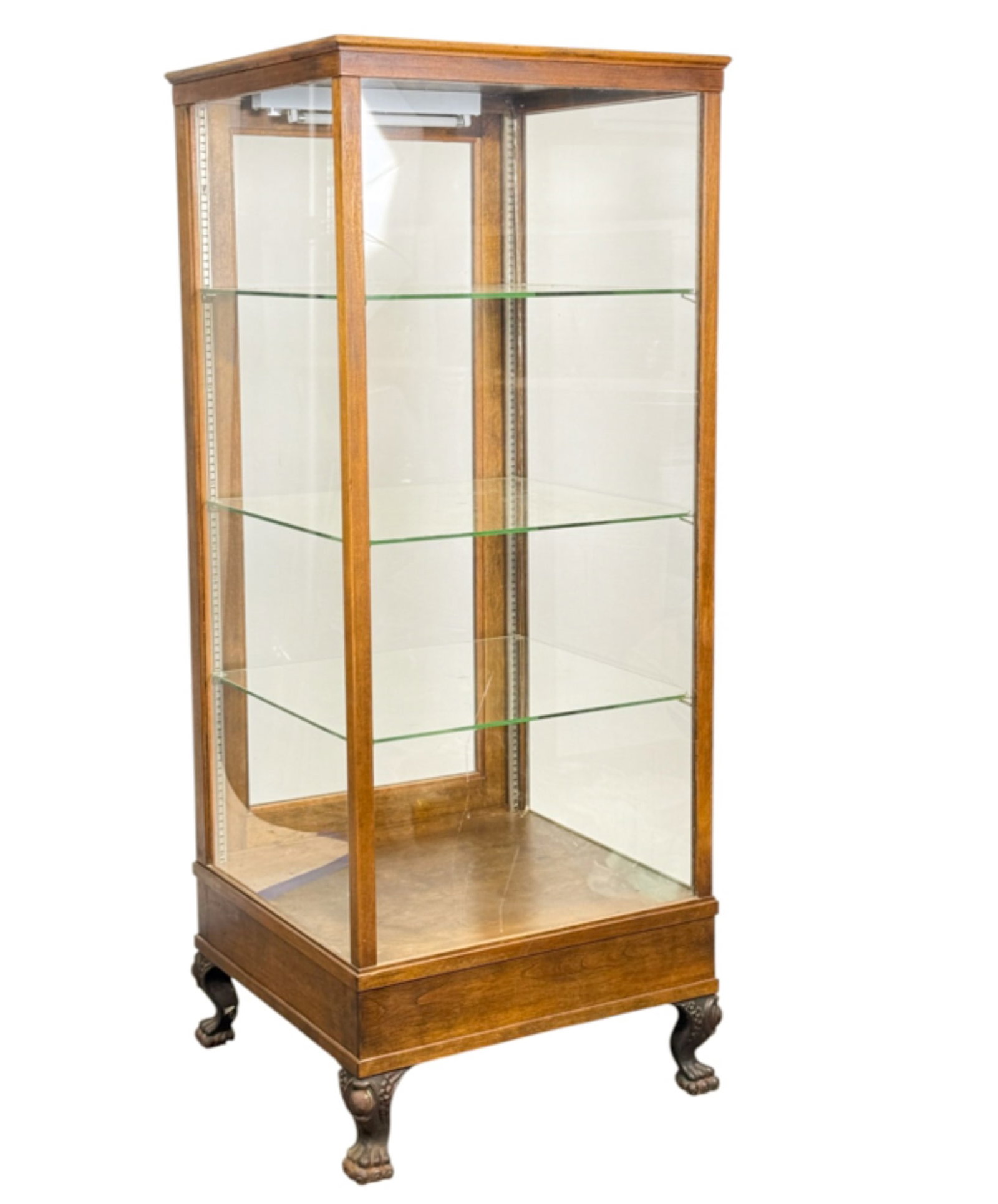 (19th c) OAK DISPLAY CABINET w CAST IRON CLAW FEET: Later refinish with addition of newer shelving support and lighting. Purchased decades ago from the estate of an L.L. Bean family member in the Freeport, ME area. 62" x 23 3/4" x 24 1/4"