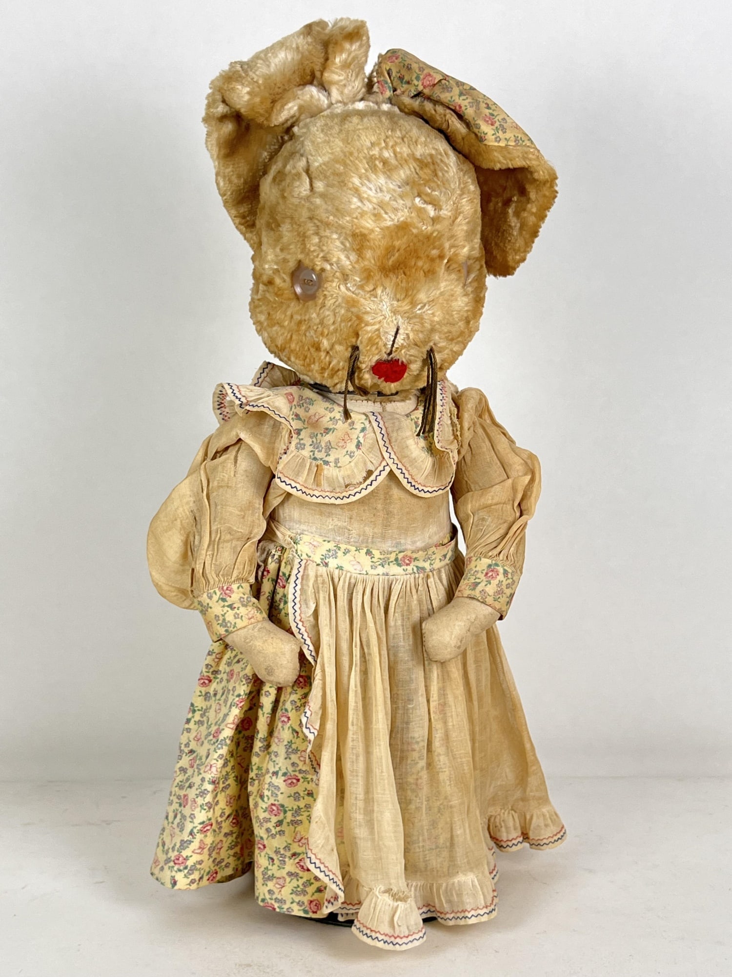 VINTAGE KRUEGER 16" MOHAIR BUNNY w/ BUTTON EYES: Appears to be original dress. With original tag. 16" tall not including ears