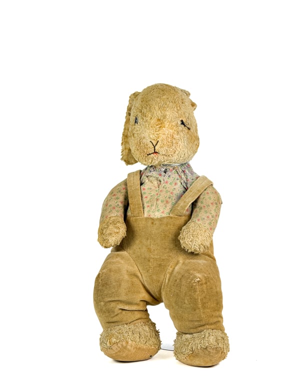 VINTAGE KNICKERBOCKER MOHAIR BUNNY IN OVERALLS: With original "Animals of Distinction" tag. 16" not including ears