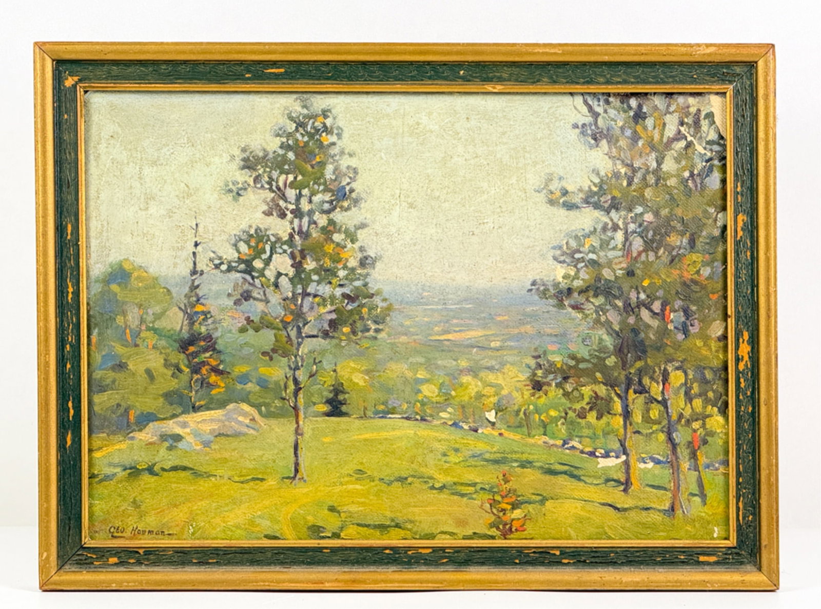 (19thc) AMERICAN SCHOOL "VIEW OF THE VALLEY": Oil on artist board. Signed bottom left "Geo. Houman (?)". Framed. 11 1/2 x 15 1/4 inches.