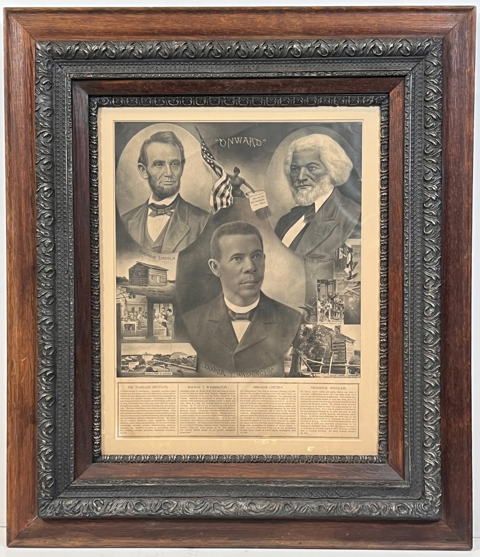 W.L. HASKELL 1903 "ONWARD" POSTER: Nicely framed print with vignettes of Lincoln, Frederick Douglas, and Booker T. Washington. 30" x 26" framed