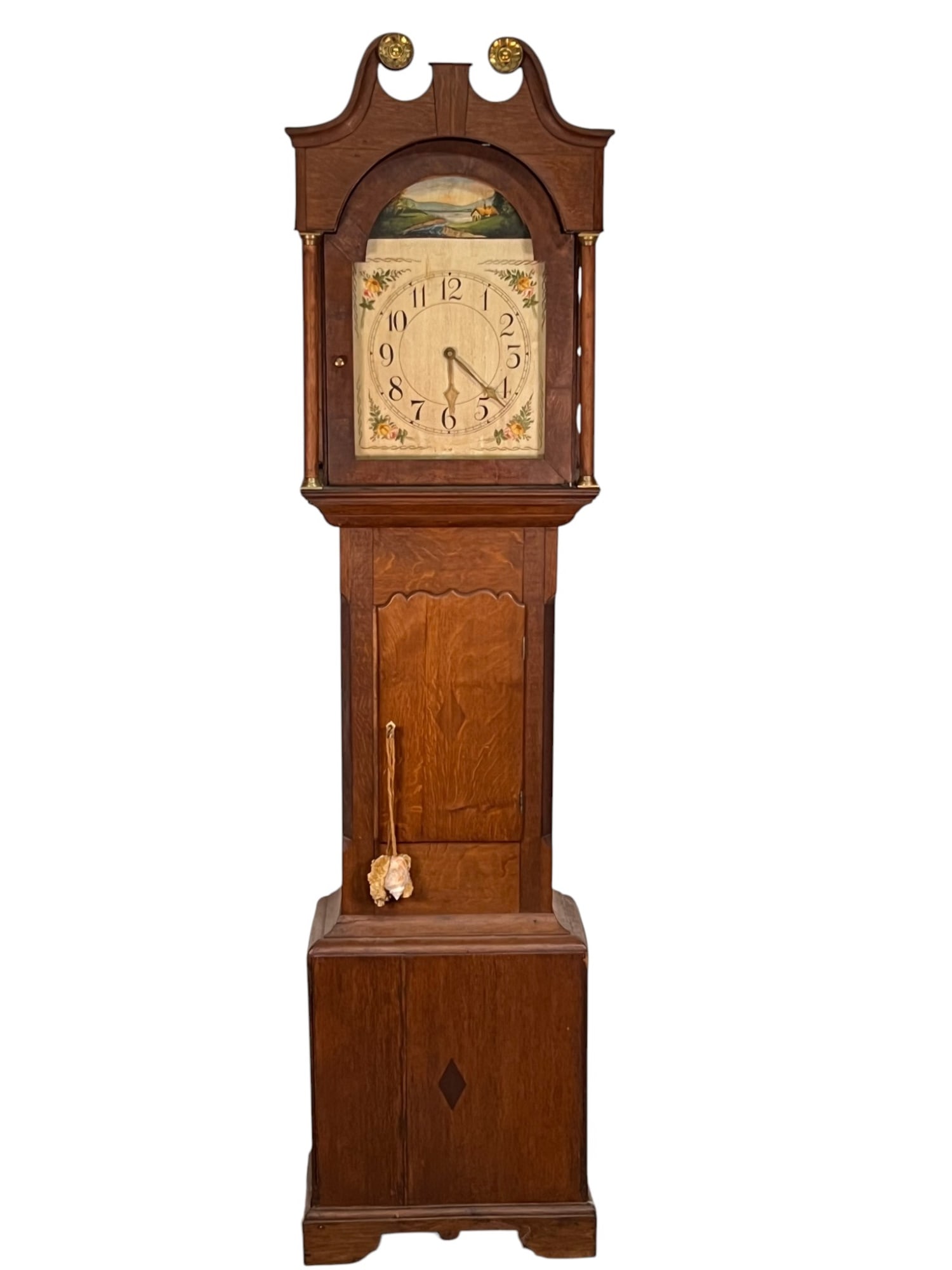 COUNTRY OAK TALL CASE CLOCK: With hand painted face. 80 3/4" tall