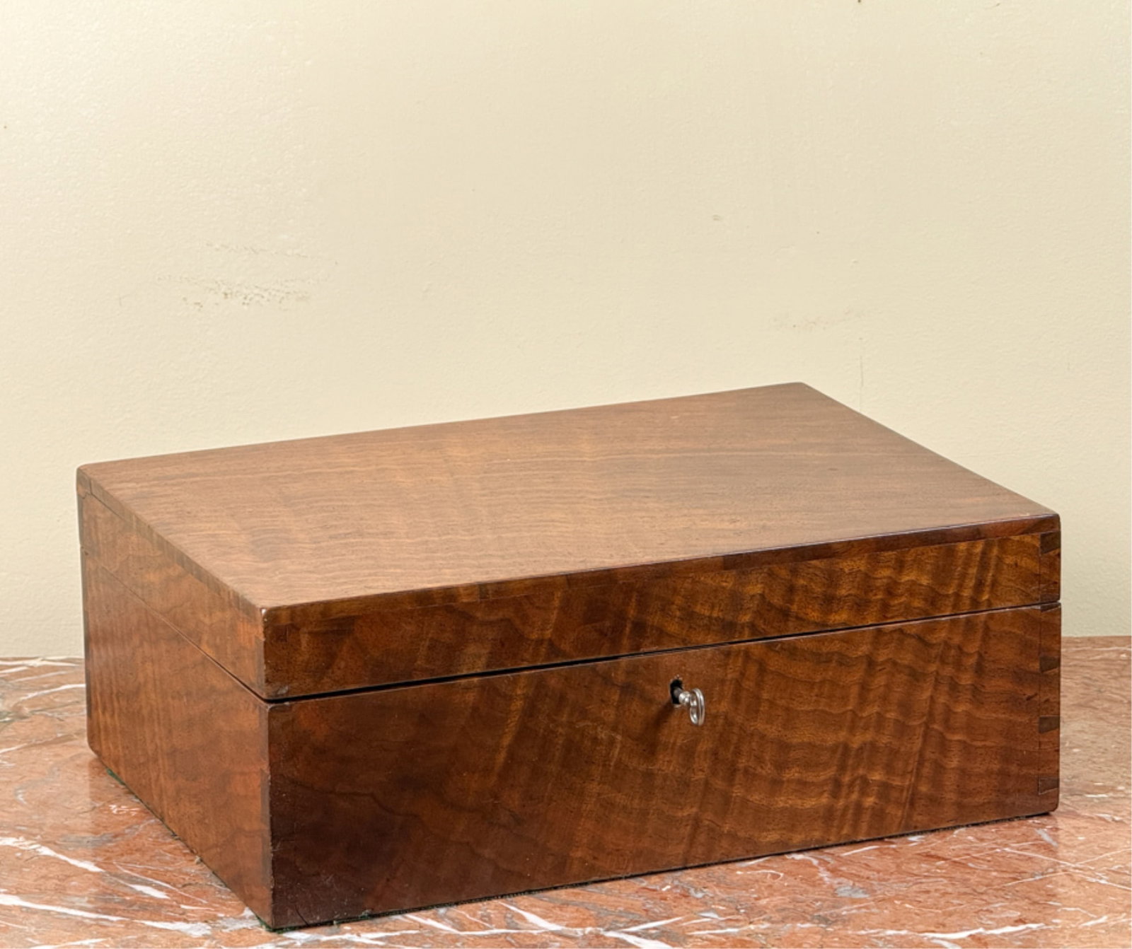 (19thc) FIGURED WALNUT DOCUMENT BOX: With dovetailed construction. With key. 5 1/4 x 14 x 10 inches.