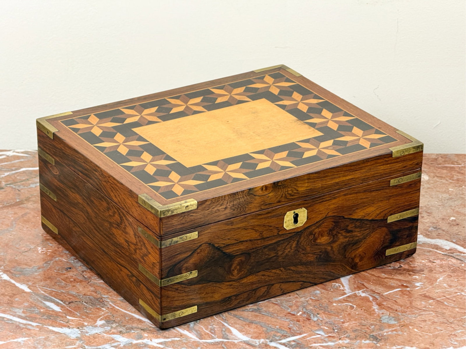 (19thc) BRASS BOUND & INLAID MAHOGANY DOCUMENT BOX: With repeating border of geometric patterns. 4 1/2 x 10 3/4 x 9 inches.