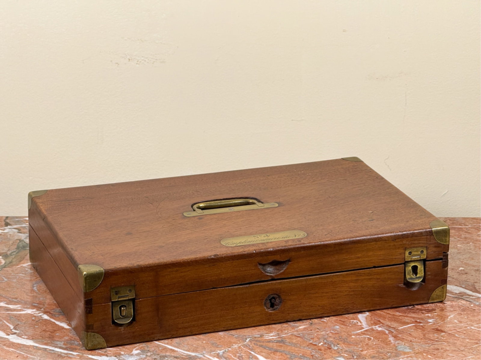 (19thc) FRENCH MAHOGANY SCIENTIFIC INSTURMENT BOX: Dovetailed construction with brass accents. 3 x 14 1/2 x 9 inches.