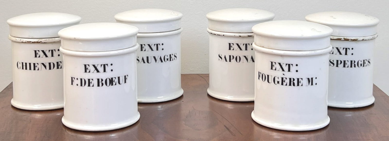 (6) RARE (19th c) FRENCH PHARMACY POTS: Covered ironstone pots. 3 5/8" tall
