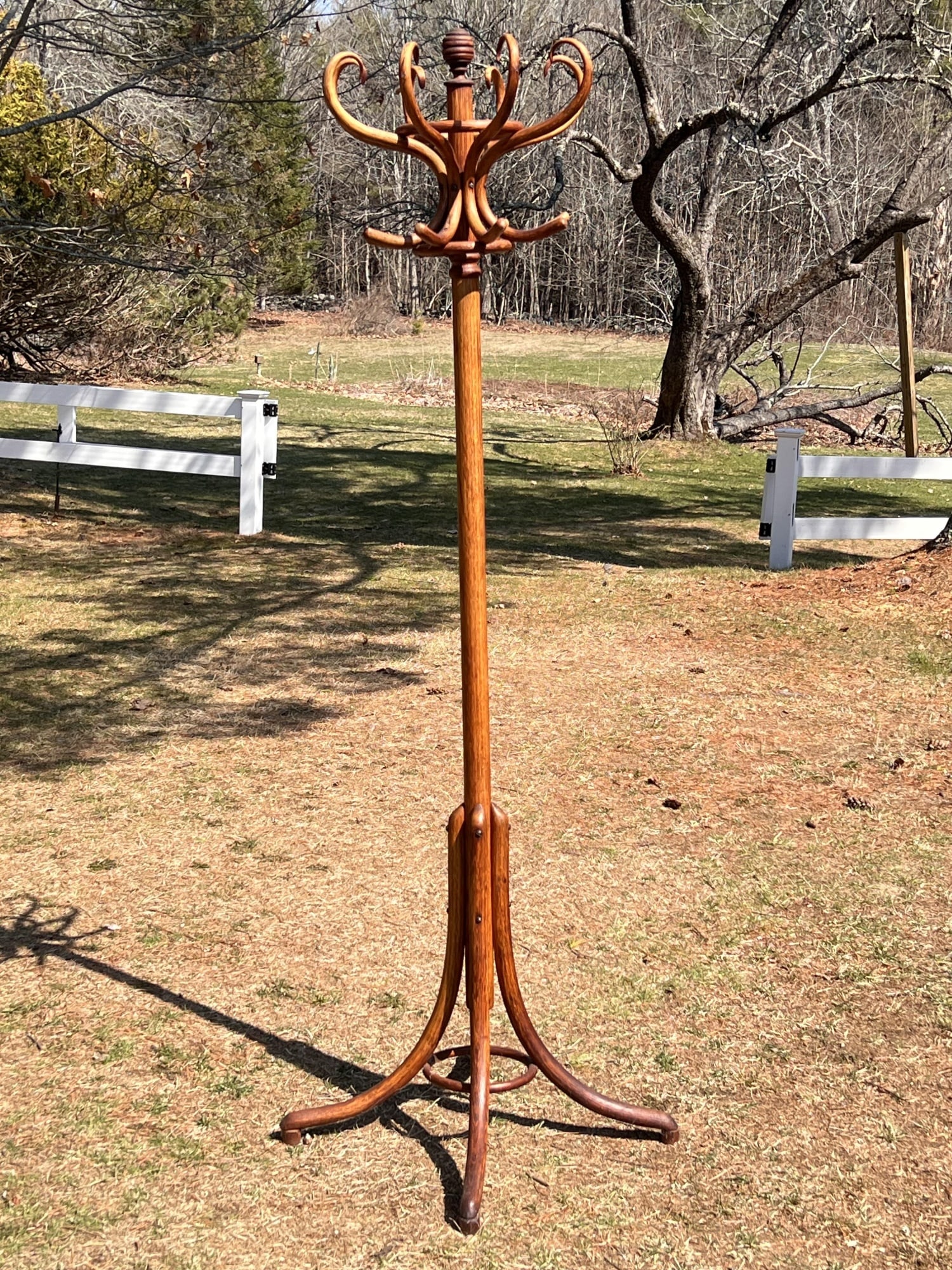 BENTWOOD COAT RACK: With turned beehive finial. 78 inches tall