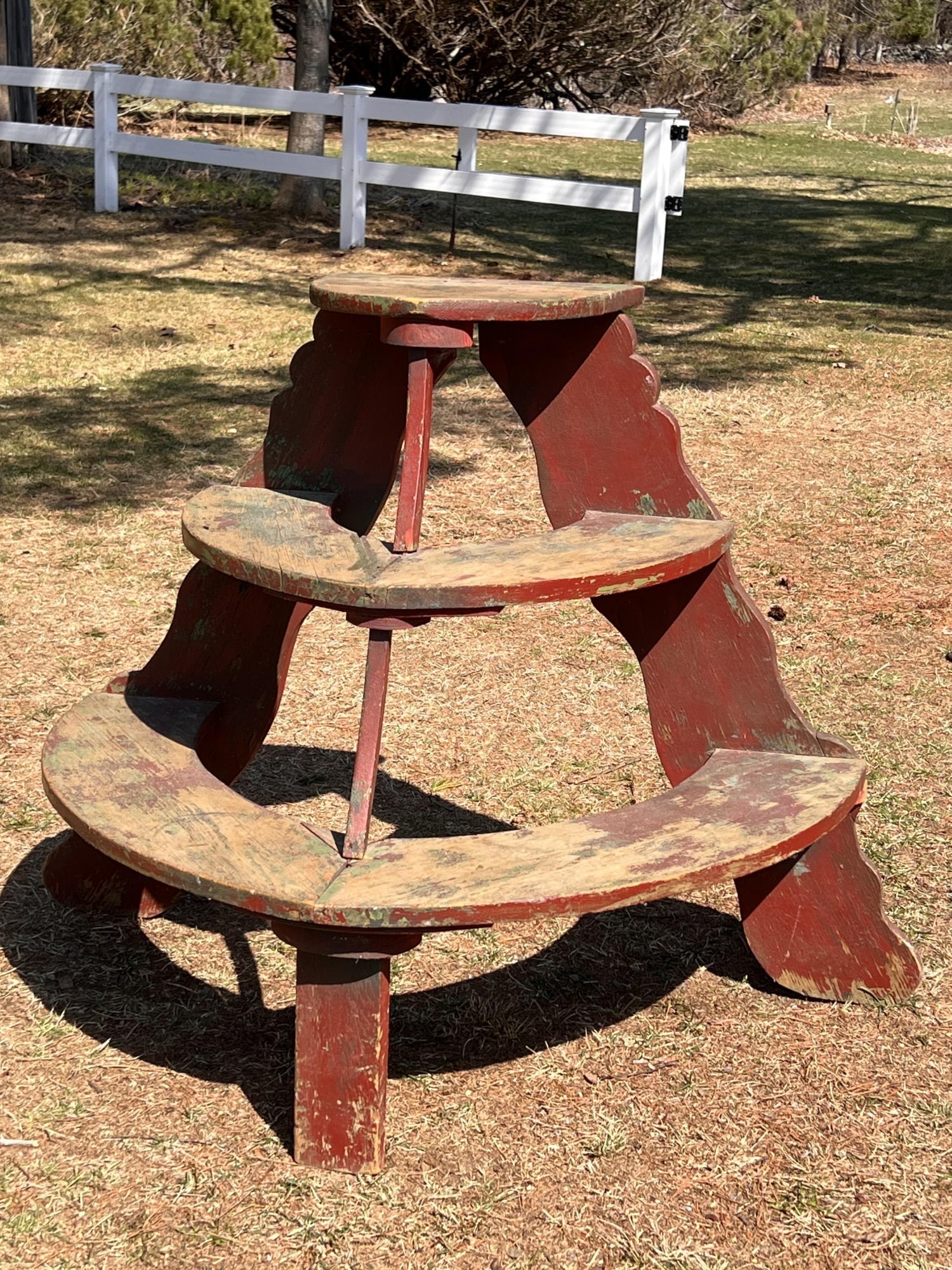 (3) TIER DEMI LUNE PLANT STAND: In old paint. 36" tall
