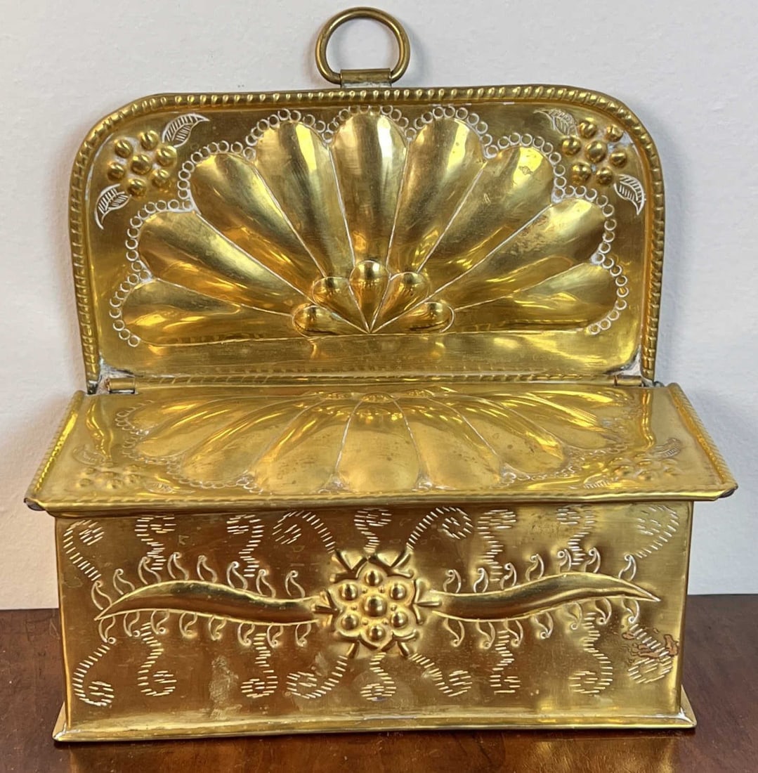 (19th c) EMBOSSED BRASS HANGING CANDLE BOX (1 of 9)