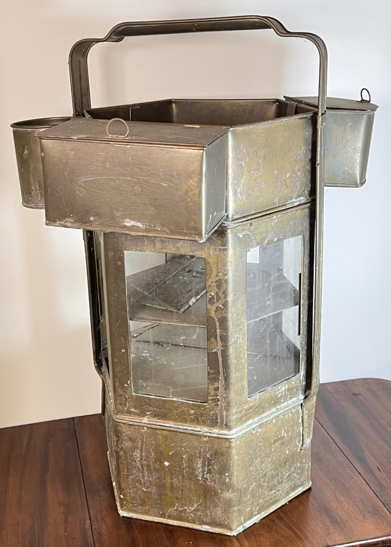 VINTAGE BRASS CHINESE NOODLE VENDOR CARRIER: Brass with glass panels. 28" tall