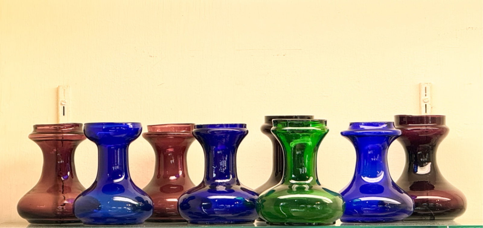 (8) HAND BLOWN VICTORIAN HYACINTH FORCING VASES: Cobalt, emerald and amethyst. Tallest measures 6 inches.