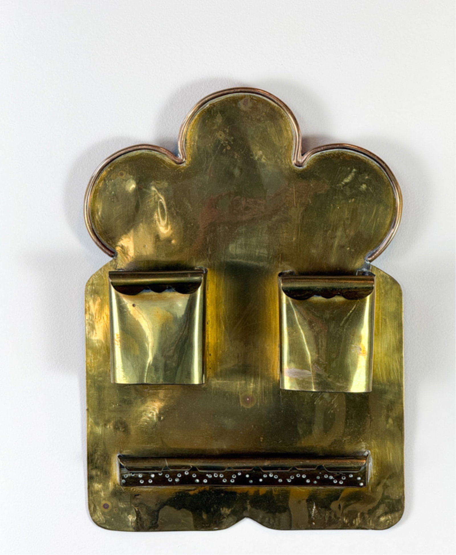 VICTORIAN BRASS WALL POCKET: With (3) pockets. Good quality. 14 x 10 inches.