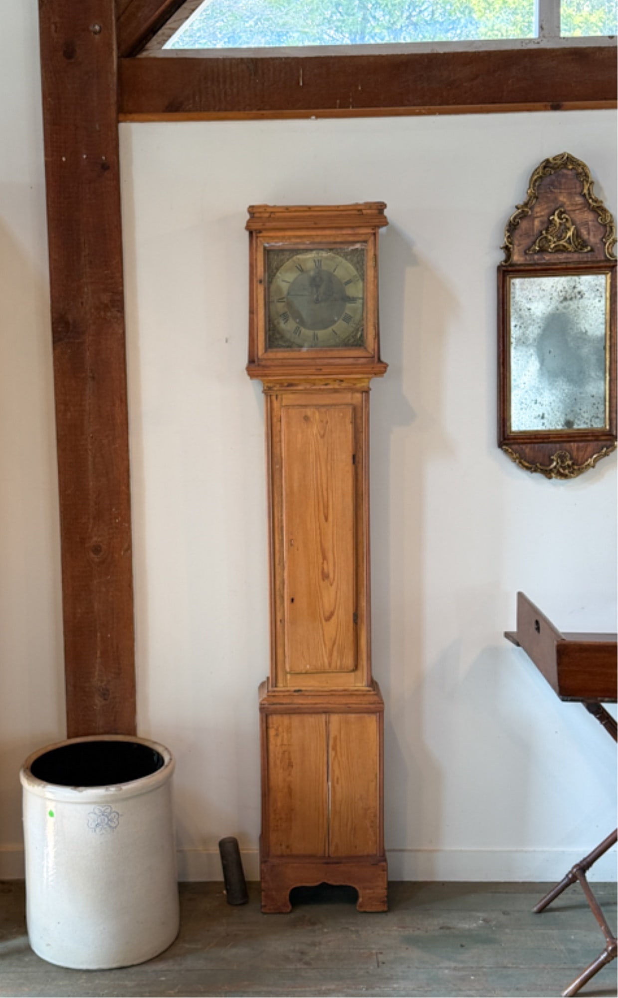 (18thc) JAMES PIKE OF NEWTON ABBOT TALL CASE CLOCK: Brass dial with incised ship in Harbor scene. Housed in a George III pine case. With pendulum and weight. 79 x 16 inches.