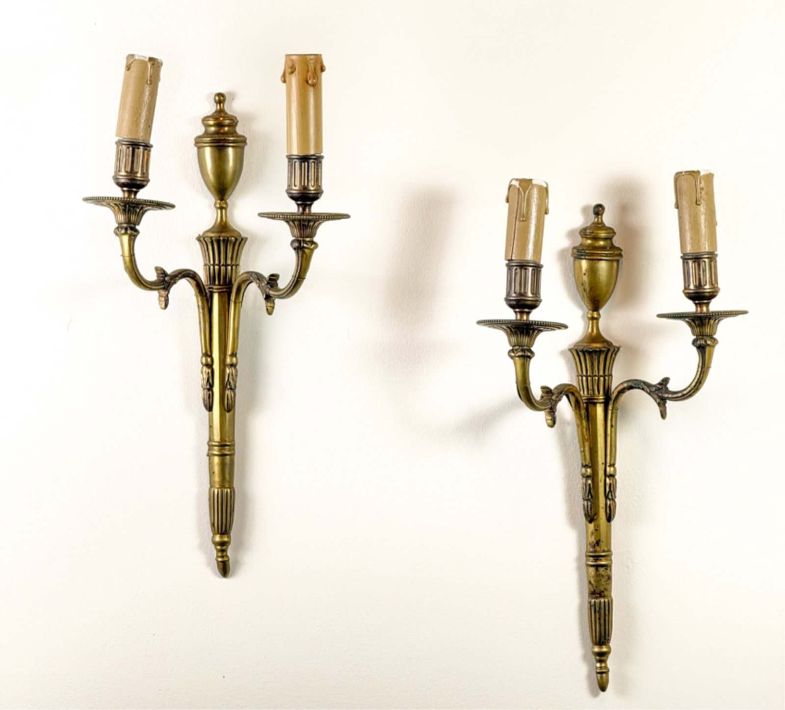 PAIR (19thc) GILT BRONZE (2) LIGHT WALL SCONCES (1 of 11)