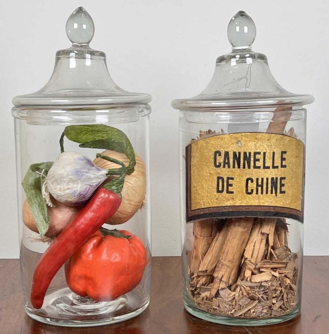 (2) (19th c) BLOWN GLASS COVERED PHARMACY POTS: 9 1/2" tall