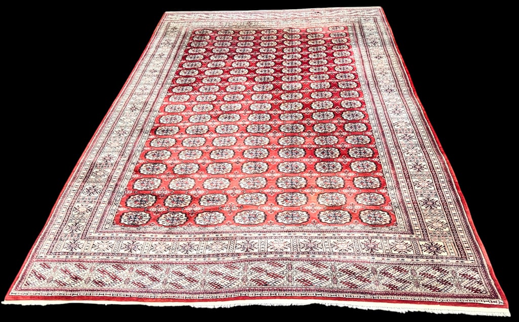 HAND KNOTTED BOKHARA ROOM SIZE ORIENTAL CARPET: 13 1/2 x 9 1/4 feet. Wool pile.