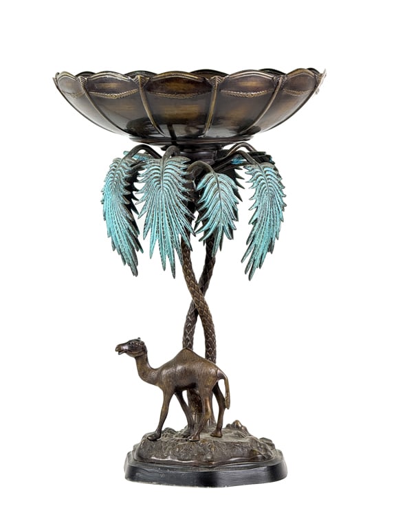 (20thc) "BRONZE CAMEL & PALM TREE" CENTERPIECE: Large serving bowl on palm tree with nicely cast camel. Affixed to marble base. 19 1/2 x 13 inches.